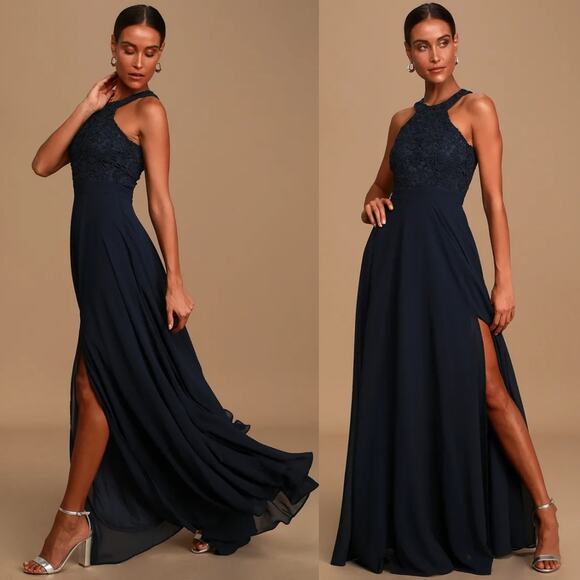 LULUS Picture Perfect Navy Blue Lace Maxi Dress With Slit Prom Wedding Sz Large - Picture 1 of 15